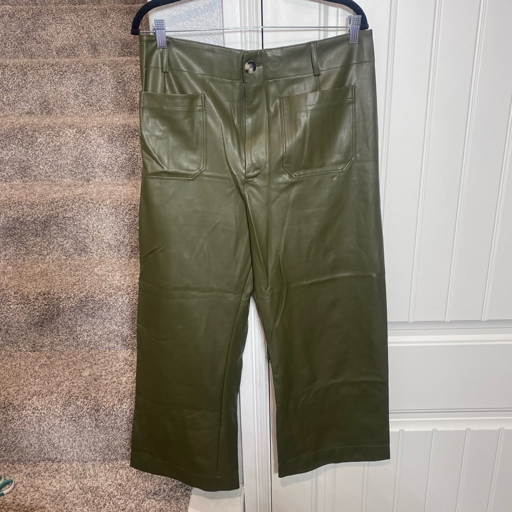 Anthropologie Maeve Colette Cropped Wide Leg Faux Leather Pants olive color - Picture 9 of 11